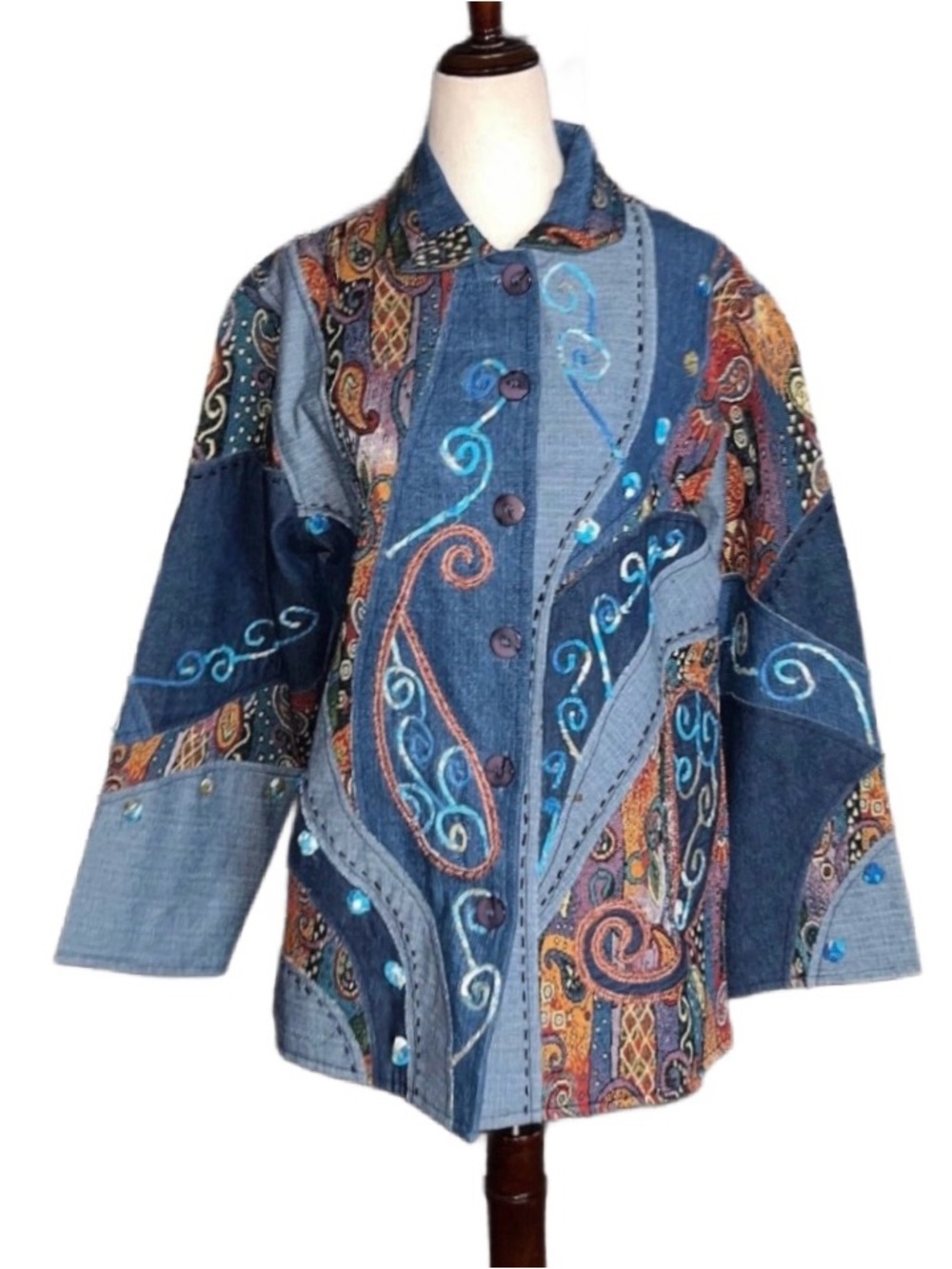 Silverstream ~ One Size ~ Vtg ~ Multi-Colors Embroidery ~ Paisley ~ Denim Jacket